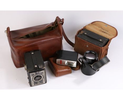 Kodak box brownie camera, Agfa box camera, flash gun, lens (4)