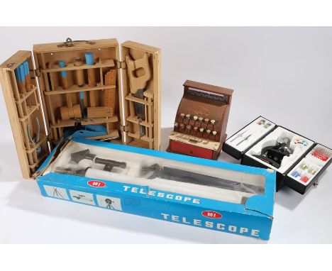Toy cash till, Telescope, microscope, child' s folding tool box with tools (4)
