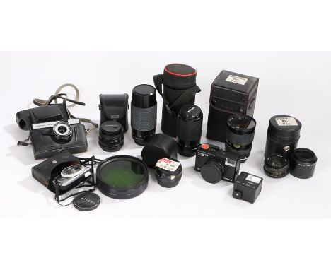 Camera equipment, to include lenses Sirius MC Auto Zoom, Mirage 70-210mm, Tamron SP 28-80mm, together with light meters, lens