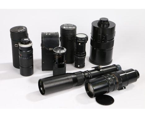 Camera lenses, to include  MC MTO-11CA 10/1000, Prinz Galaxy f = 500mm, Hoya 100-300mm, Jessop Zoom slide duplicator, Tair-3,