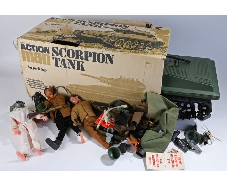 Action Man Scorpion Tank, boxed, three Action Man Figures, uniforms and accessories (qty)