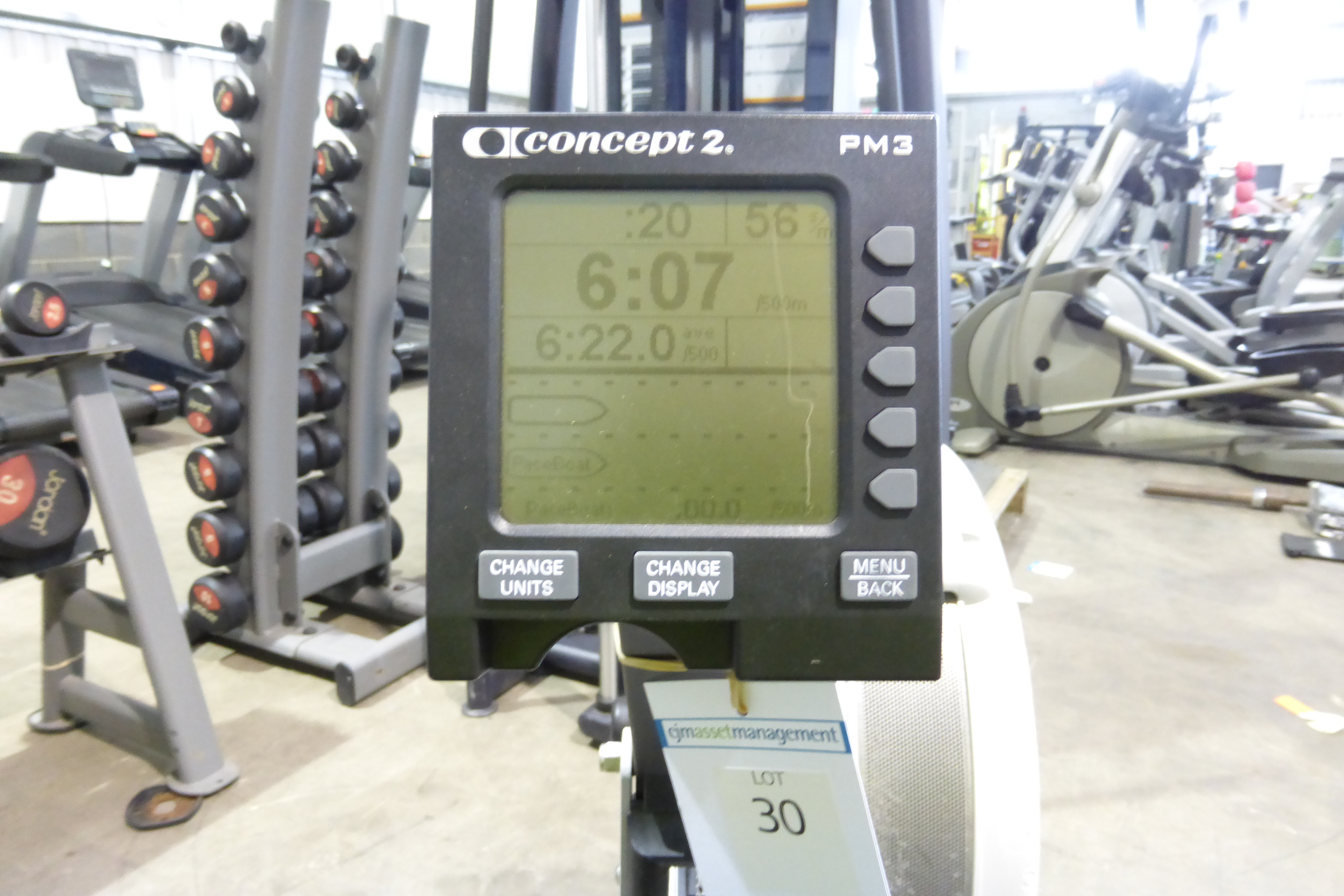 * A Concept 2 Model D rowing machine with PM3 screen.
