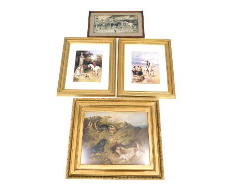 Four prints, comprising after Haywood Hardy, figure on horseback at beach, 32.5cm x 24.5cm, a print of working terriers after