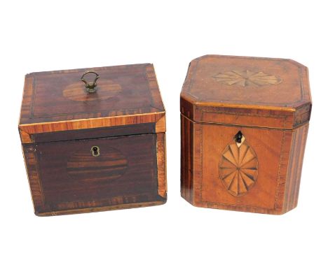 A 19thC mahogany inlaid tea caddy, with canted corners enclosing vacant interior, 12cm wide, and a similar rectangular exampl