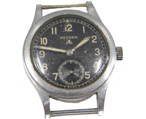 A Record WWII military wristwatch, signed black dial with broad arrow and stainless steel case, marked WWW, and L11378 529225