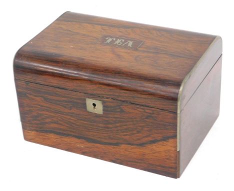 A Victorian rosewood tea caddy, the hinged domed lid enclosing two lidded divisions, 19cm wide. 