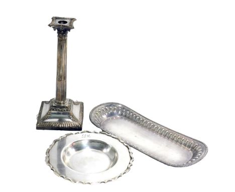 Three items of late 19th/early 20thC silver plated wares, comprising a 19thC silver plated candlestick, 20cm high, a Mappin &