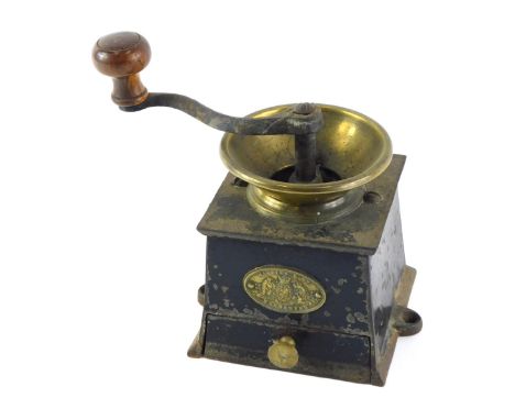 A Hawkins &amp; Co Warranted cast iron coffee mill or grinder, 14cm wide. 