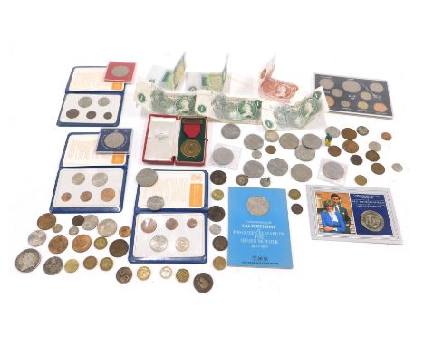 Coins and banknotes, comprising The Britain's First Decimal coin packs, 80th Birthday Queen Elizabeth crown, pennies, halfpen