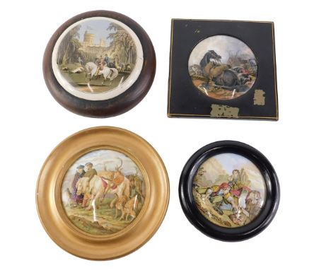 A collection of Prattware pot lids, to include war figures on horse back beside a castle, possibly Osbourne House, etc. (4) 