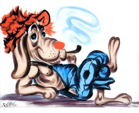 Beccafichi (20thC School). A painting of a dog reclined with red hat and smoking pipe, painted on glass, 45cm x 60cm, signed 