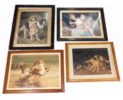 A group of 20thC pairs and other prints, comprising after Fred Morgan Seahorses, 49cm x 64cm, bulldogs and cat, 38cm x 50cm, 