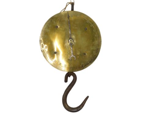 A set of brass Salter hanging spring balance scales, 25cm diameter. 