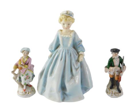 A Royal Worcester Grandmother's Dress figure, 3081, 18cm high, and a pair of 20thC Samson figures, of dancers. (3)  