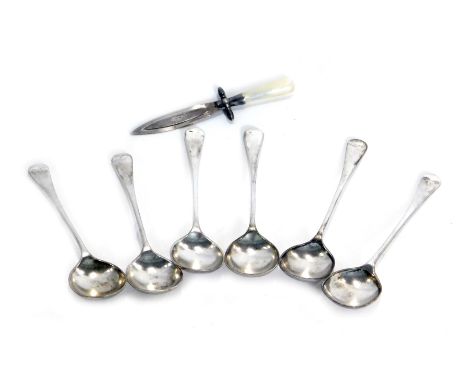 A set of six George V silver fiddle pattern tea spoons, maker AJB, Birmingham 1933, and a white metal and mother of pearl han