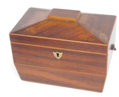 A 19thC mahogany and boxwood strung sarcophagus shaped tea caddy, the hinged lid enclosing two lidded divisions, 19cm wide. 