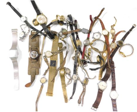 A quantity of ladies and gentleman's wristwatches, comprising mainly stainless steel and gold plated examples, to include Rot