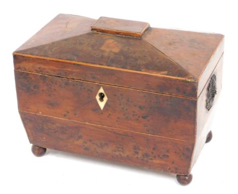 A Victorian yew sarcophagus shaped tea caddy, the hinged lid enclosing two lidded divisions, lacking handles, on bun feet, 19