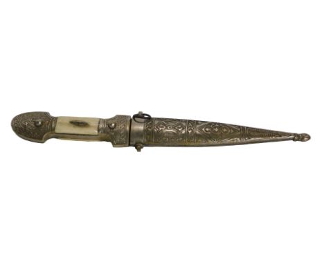 A Middle Eastern dagger, the hammered scroll case, set with two bone finials, inscribed Damascus 1944, on short blade with sc