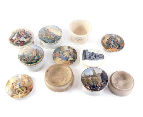 A collection of 19thC Prattware pot lids, to include The Man and The Lamb, Fishing, The Wolf and The Lamb, etc. (1 tray)