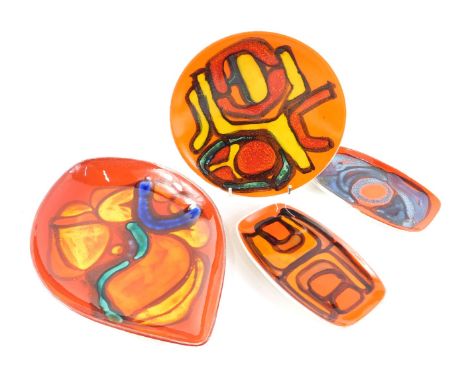 A Poole pottery Delphis tear drop shaped dish or plate, 30cm wide, a similar plate and two rectangular dishes. (4) 