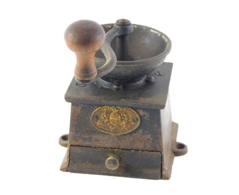 A Kendrick &amp; Sons cast iron coffee mill or grinder, 14cm wide. 