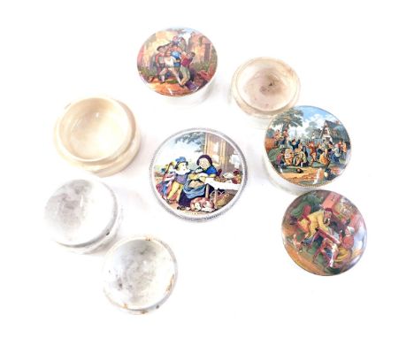 A collection of Prattware pot lids and associated bases, to include The Village, Wedding, a pair, etc. (AF) 