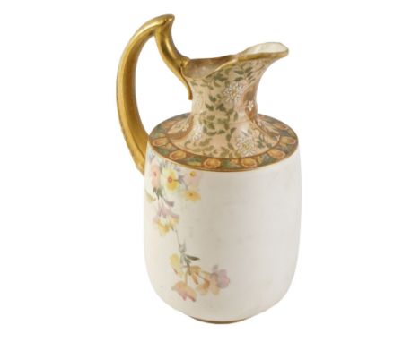 A Doulton Burslem ceramic water jug, with a gilded handle and border, transfer printed decoration of flowers, 19cm high. 