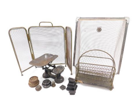 Miscellaneous metalware, to include a brass two division magazine rack with ebonised base, spark guards, scales, etc. 