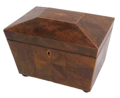 A Victorian rosewood sarcophagus shaped tea caddy, the hinged lid inset with a coloured print and with two lidded divisions, 
