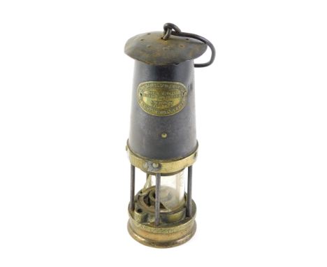 A John Davis &amp; Son of Derby mining safety lamp, type 2, 26cm high. (Glass AF)