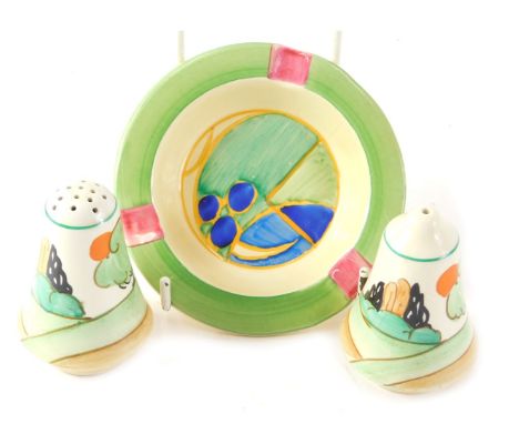 Clarice Cliff wares, comprising a Bizarre by Clarice Cliff painted ashtray, 12cm diameter, and a pair of associated Clarice C