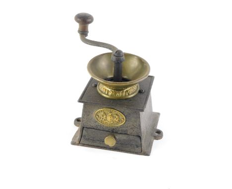 A J &amp; W Findlay of Liverpool cast iron and brass coffee mill or grinder, 12cm wide. 