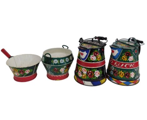 A collection of Bargeware, comprising two water jugs, bowl and planter, the largest 27cm high. 