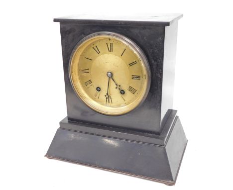 A 19thC black slate mantel clock, with a gold finish Roman numeric dial, on a stepped and out splayed foot, with thirty hour 