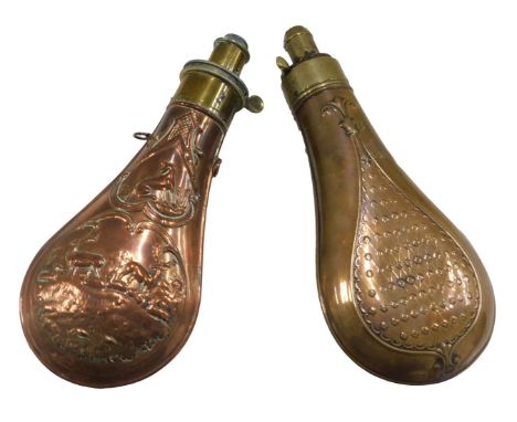 Two 19thC powder flasks, each in copper hammered design, one bearing hunting scene, 20cm and 19cm high. (2) 