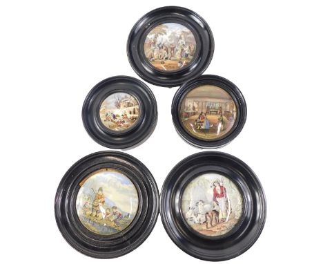 A collection of 19thC Prattware pot lids, to include Room in which Shakespeare was born, etc. 
