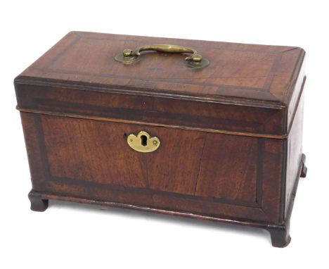 A 19thC mahogany tea caddy, the hinged lid with cross banded border and a brass swing handle enclosing a vacant interior, on 