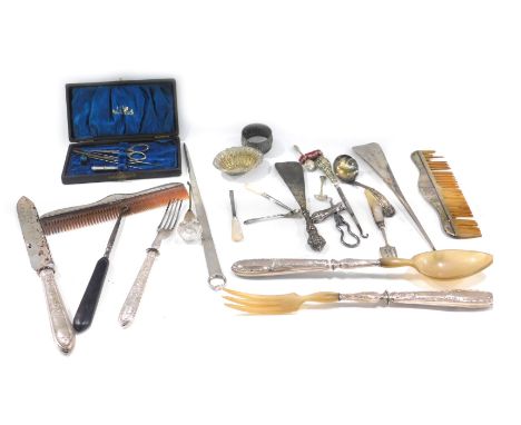Silver plated and white metal wares, comprising a cased sewing box, silver plated handled salad servers, two silver topped co