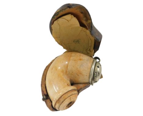 A 19thC carved meerschaum pipe, with a silver plated pierced top, lacking reed, in partial fitted case, 9cm wide. (AF) 