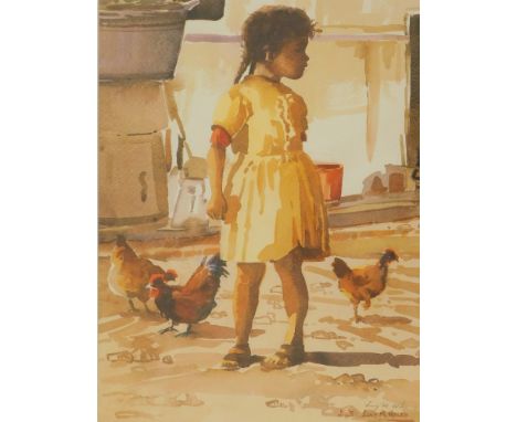 Lucy Mary Mullins (1920-2008). Young girl with chickens, artist signed coloured print, 42cm x 32cm.