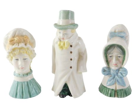 Three Royal Worcester candle snuffers, comprising 1976 budge, 12cm high, lady in hat, 10cm high, and mob cap, 10cm high. (3) 