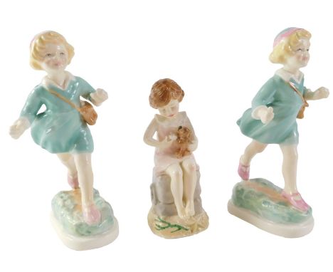 Three Royal Worcester figures, comprising Thursday's Child (x2) and Wednesday's Child, 18cm and 13cm high. (3)