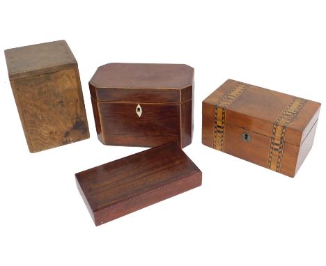 A collection of boxes, a rosewood sarcophagus tea caddy, lacking interior on bun feet, 23cm wide, a Victorian walnut and parq