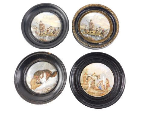 Two Prattware pot lids, decorated with children fishing, another of a dog and a sheep, etc. (4) 