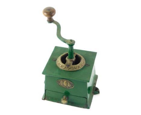 A Kendrick &amp; Sons patent coffee mill or grinder, later painted green, 13cm wide. 