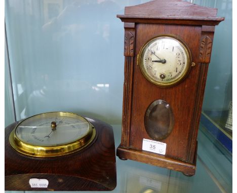 Early 20th century stained wood mantle clock together with a wall barometer (2) 