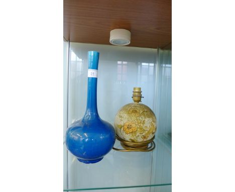 Blue glazed art pottery bottle neck vase and an art deco lamp base (2)