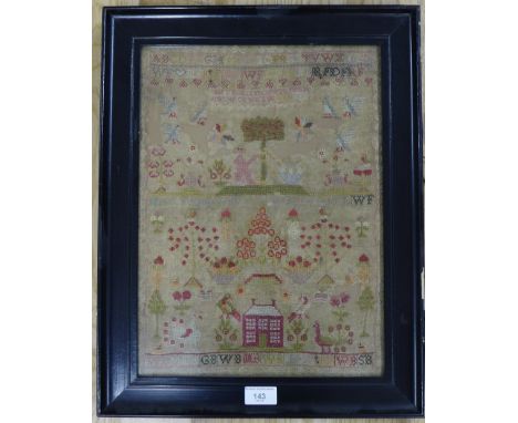 19th century needlework sampler, worked by Mary Rowe, in glazed frame, 30 x 40cm