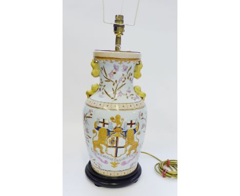 Chinese Armorial pattern table lamp base, on circular hardwood stand, 40cm high